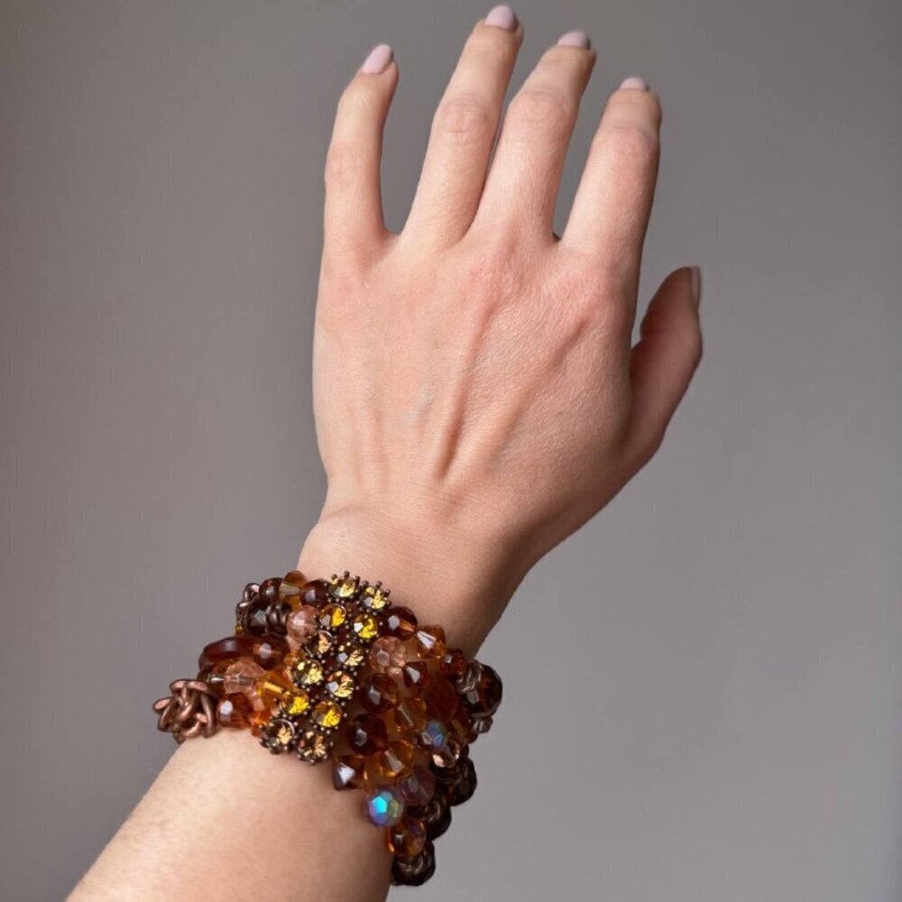 Boho-Chic Women’s Chunky Multilayer Bracelet with Crystals & Chains in Amber/Bro